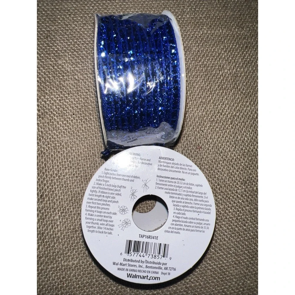 Holiday Time Dark Blue Wire Edged Ribbon 1.5in x 15ft 2 Rolls Metallic Blue RB06
